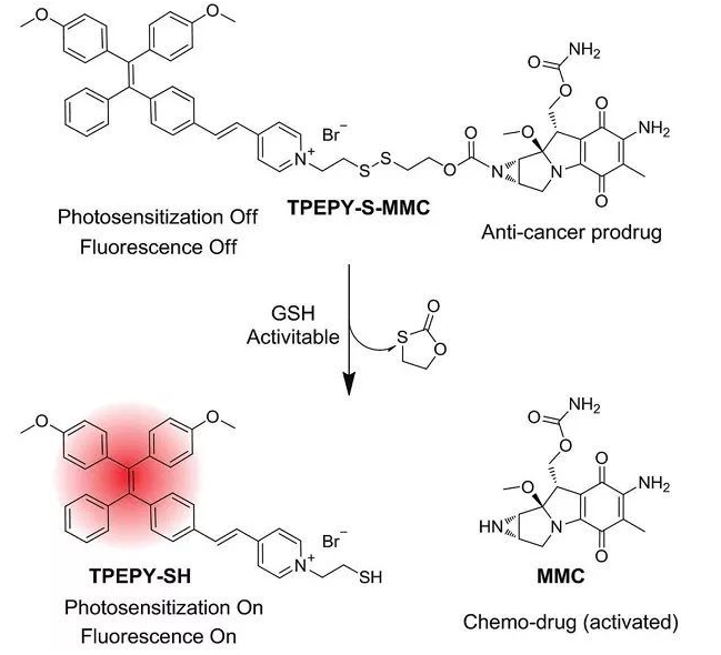 TPEPY-S-MMC的化學(xué)結(jié)構(gòu)，以及藥物和光動(dòng)力學(xué)機(jī)理